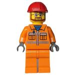 Construction Worker, Orange Jacket with Zipper and Reflective Stripes, Orange Legs, Red Hard Hat, Beard and Glasses