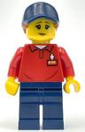 LEGOLAND Employee, Red Torso, Dark Blue Legs, Dark Blue Cap, Reddish Brown Hair