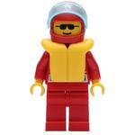 Racer, Red Jacket with Octan Logo and 'RACING', Red Legs, Red Helmet with Star and Visor, Yellow Life Vest, Sunglasses
