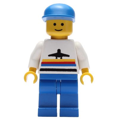 Man, White Shirt with Airplane, Blue Legs, Blue Cap