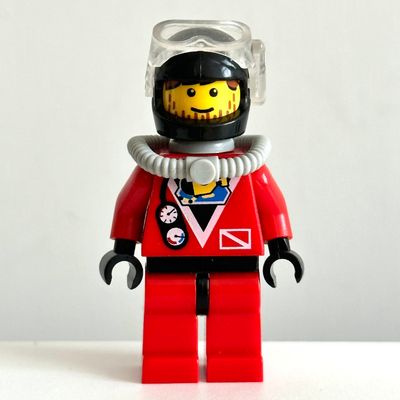 Diver, Man, Red Wetsuit, Black Helmet with Mask, Airtank, Stubble