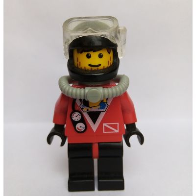 Diver, Man, Red Wetsuit, Black Helmet with Mask, Airtank, Stubble