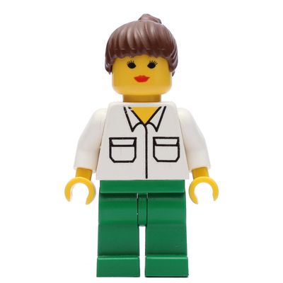 Woman, White Shirt with Pockets, Green Legs, Brown Hair