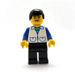 Man, Open White Vest over Blue and Green Striped Shirt, Black Legs, Black Hair