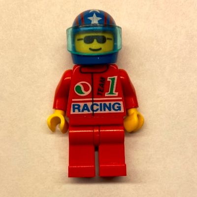 Racer, Red Jacket with Octan Logo and 'RACING', Blue Helmet with Stars and Visor, Sunglasses