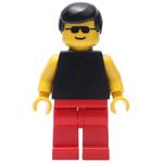 Man, Black Tank Top with Yellow Arms, Red Legs, Black Hair, Sunglasses