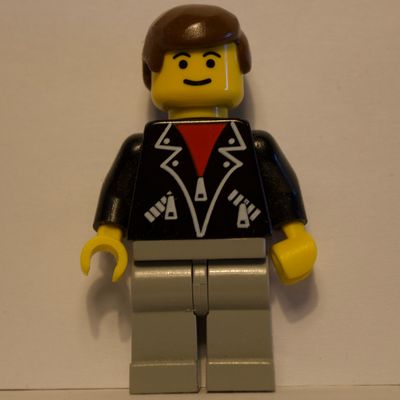 Man, Open Black Jacket over Red Shirt, Light Gray Legs, Brown Hair