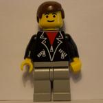 Man, Open Black Jacket over Red Shirt, Light Gray Legs, Brown Hair