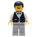Waiter, Black Vest over White Shirt with Bow Tie, Light Gray Legs, Black Hair, Moustache