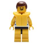 Man, Blue and White Striped Swimsuit, Brown Hair, Yellow Life Vest, Moustache