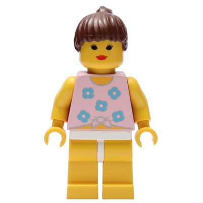 Woman, Tied Pink Tank Top with Flowers, Yellow Legs, Brown Hair