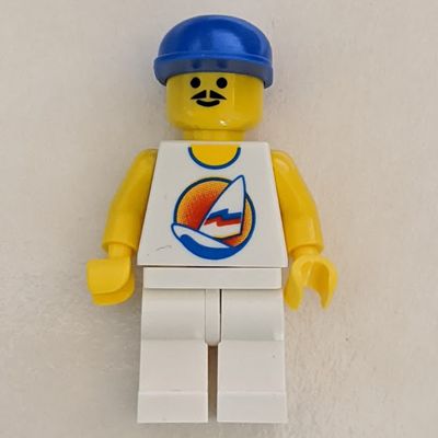 Man, White Tank Top with Windsurfer, White Legs, Blue Cap, Moustache