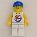 Man, White Tank Top with Windsurfer, White Legs, Blue Cap, Moustache