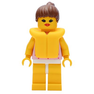 Woman, Pink Top with Spots, Yellow Legs, Brown Hair, Yellow Life Vest