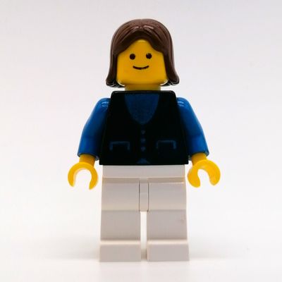Woman, Black Vest over Blue Top, White Legs, Brown Hair