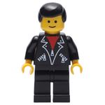 Man, Open Black Jacket over Red Shirt, Black Legs, Black Hair