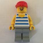 Man, Blue and White Striped Tank Top, Light Gray Legs, Red Cap, Moustache