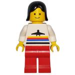 Woman, White Shirt with Airplane, Red Legs, Black Hair