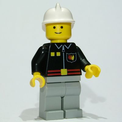 Fireman, Black Fire Jacket with Red Belt and Badge, Light Bluish Gray Legs, White Helmet