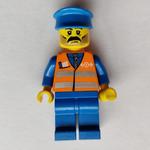 Train Worker, Orange Safety Vest with Train Logo, Blue Legs, Blue Hat, Moustache