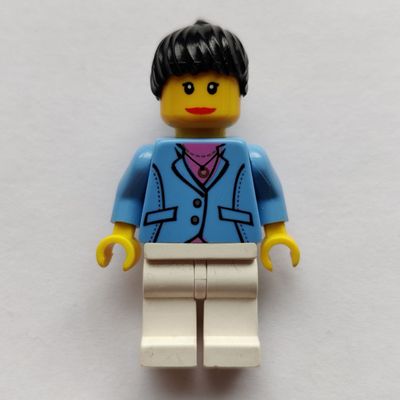 Woman, Medium Blue Jacket, White Legs, Black Ponytail Hair