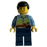 Man, Medium Blue Shirt with Palm Trees and Sunset, Dark Blue Legs, Black Hair