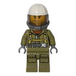Volcano Explorer, Man, Olive Green Jumpsuit with Straps, White Hard Hat with Visor, Breathing Apparatus, Airtanks, Stubble