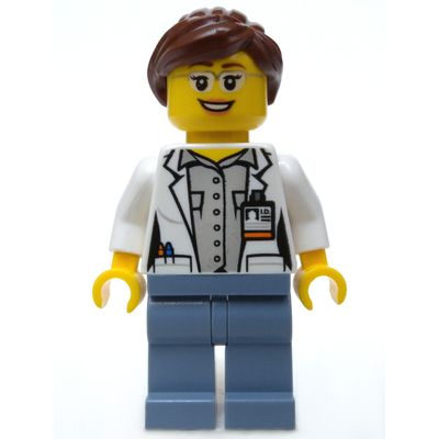 Volcano Explorer Scientist, Woman, Open White Lab Coat, Sand Blue Legs, Reddish Brown Hair, Glasses