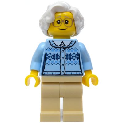 Woman, Bright Light Blue Cardigan, Tan Legs, White Hair, Glasses