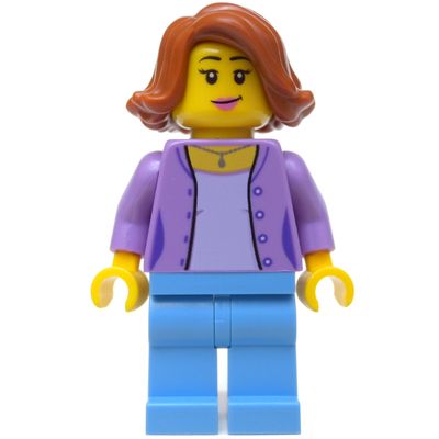 Woman, Open Medium Lavender Shirt over Lavender Top, Medium Blue Legs, Dark Orange Hair
