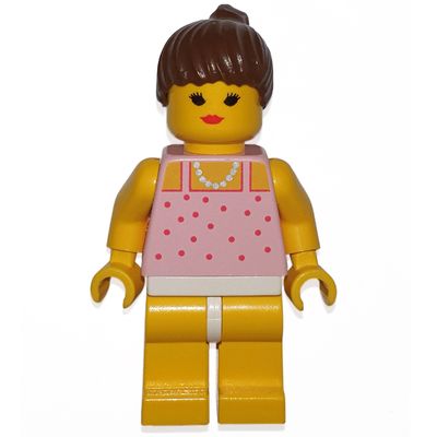 Woman, Pink Top with Spots, Yellow Legs, Brown Hair - Closed Mouth
