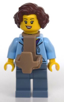 Woman, Open Jacket over Purple Shirt, Sand Blue Legs, Baby Carrier, Reddish Brown Hair