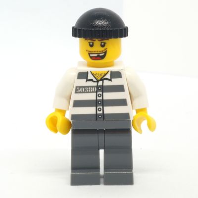 Criminal, Prison Shirt with #50380, Dark Bluish Gray Legs, Black Hat, Missing Tooth
