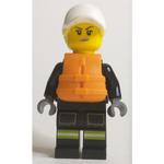 Firewoman, Black Fire Suit, Orange Lifevest, White Cap