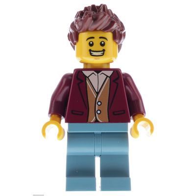 Man, Dark Red Jacket, Sand Blue Legs